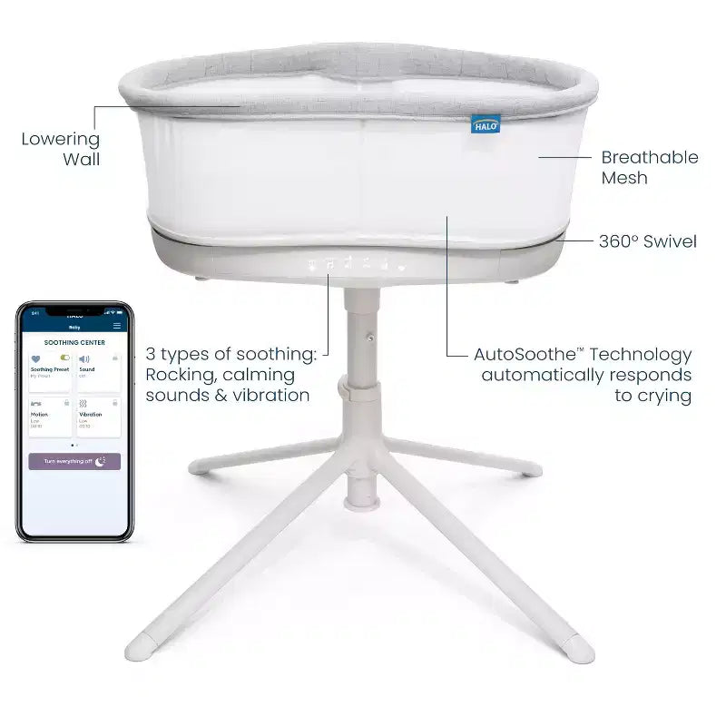 HALO BassiNest Connected Swivel Sleeper 3.0 Smart Baby Bassinet - Gray: Adjustable Height, 360-Degree Swivel, Vibration, Sounds and Songs
