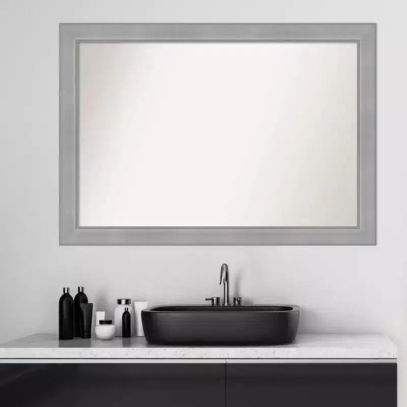 Amanti Art 40"x28" Non-Beveled Vista Brushed Nickel Bathroom Wall Mirror: Modern Rectangle, Wall Mount, Includes Hardware