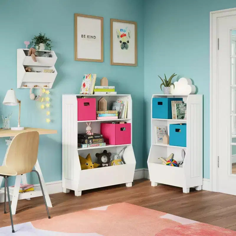 RiverRidge Kids' 23" Playroom Bookshelf with Veggie Bin Organizer and 2 Open Toy Storage Shelves White: Small Bookshelf for Kids, MDF, White