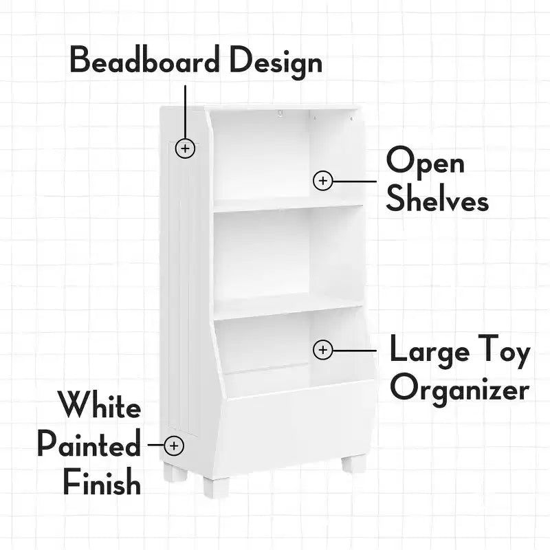RiverRidge Kids' 23" Playroom Bookshelf with Veggie Bin Organizer and 2 Open Toy Storage Shelves White: Small Bookshelf for Kids, MDF, White