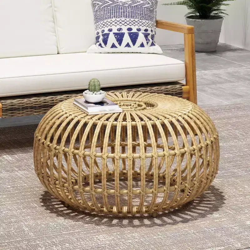 GDFStudio Whitetail Outdoor Boho Wicker Coffee Table, Light Brown