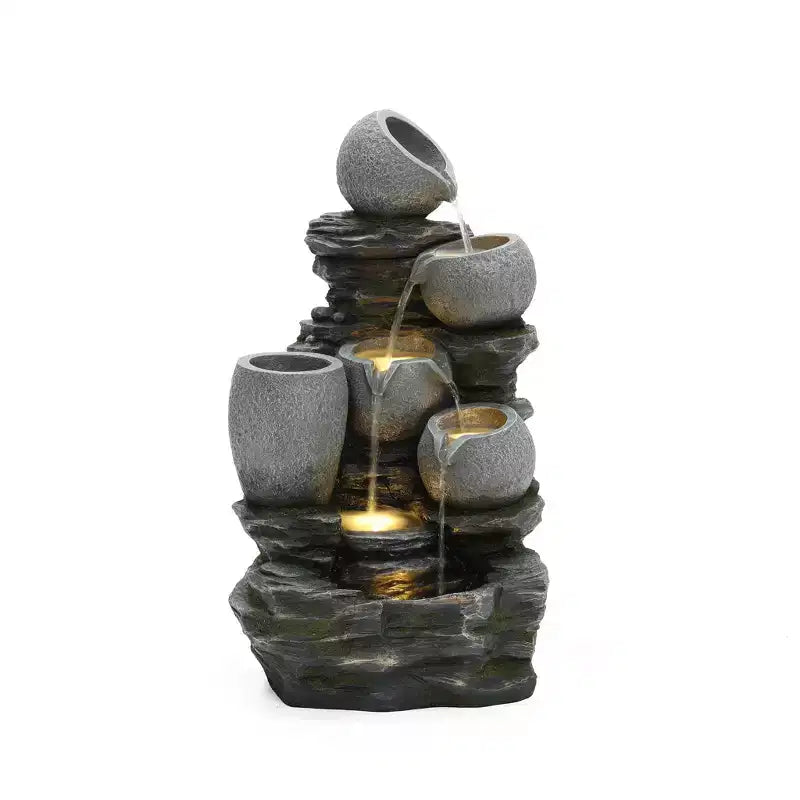 LuxenHome 30 Garden Water Fountain, 4 Tiers Cascading Pots & Rock Cascading Waterfall Fountain Outdoor with LED Lights Gray