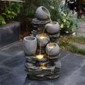 Fontaine de jardin, Cascade à 4 niveaux Pots et rocher Fontaine d'eau cascade extérieure avec lumières LED Grise