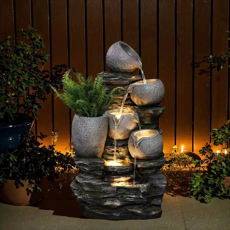 Fontaine de jardin, Cascade à 4 niveaux Pots et rocher Fontaine d'eau cascade extérieure avec lumières LED Grise
