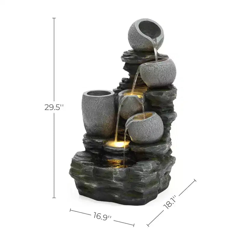 Fontaine de jardin, Cascade à 4 niveaux Pots et rocher Fontaine d'eau cascade extérieure avec lumières LED Grise
