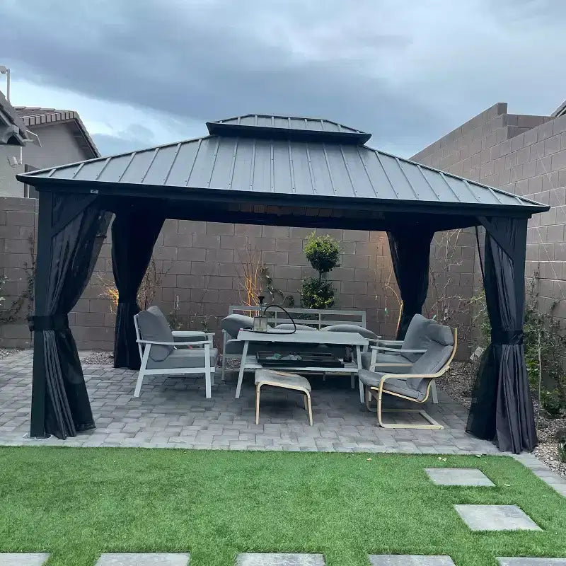 PURPLE LEAF 12' x 14' Permanent Hardtop Gazebo Aluminum Frame Gazebo with Galvanized Steel Double Roof, Netting & Curtains included - Grey