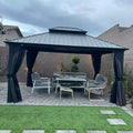 PURPLE LEAF 12' x 14' Permanent Hardtop Gazebo Aluminum Frame Gazebo with Galvanized Steel Double Roof, Netting & Curtains included - Grey