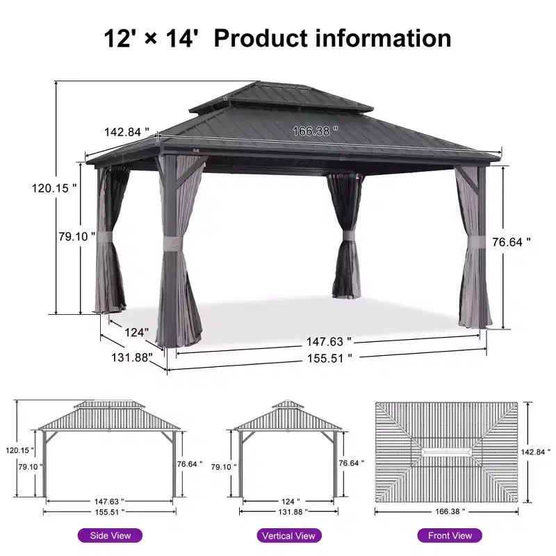 Gazébo Permanent à Toit Rigide - Cadre en Aluminium avec Double Toit en Acier Galvanisé, Moustiquaire et Rideaux Inclus - Gris