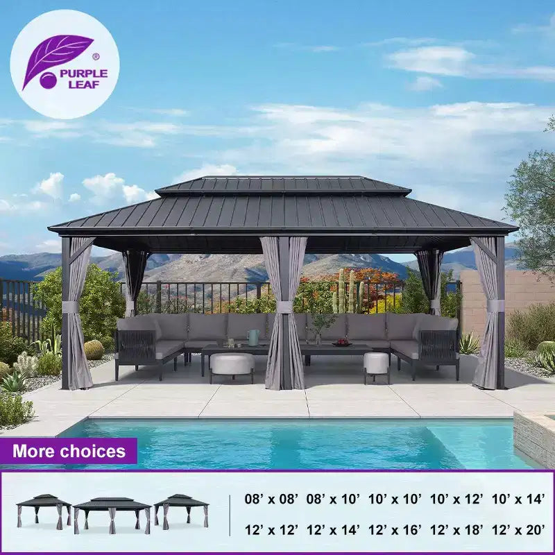 Gazébo Permanent à Toit Rigide - Cadre en Aluminium avec Double Toit en Acier Galvanisé, Moustiquaire et Rideaux Inclus - Gris