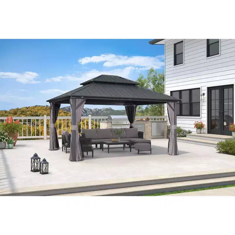Gazébo Permanent à Toit Rigide - Cadre en Aluminium avec Double Toit en Acier Galvanisé, Moustiquaire et Rideaux Inclus - Gris