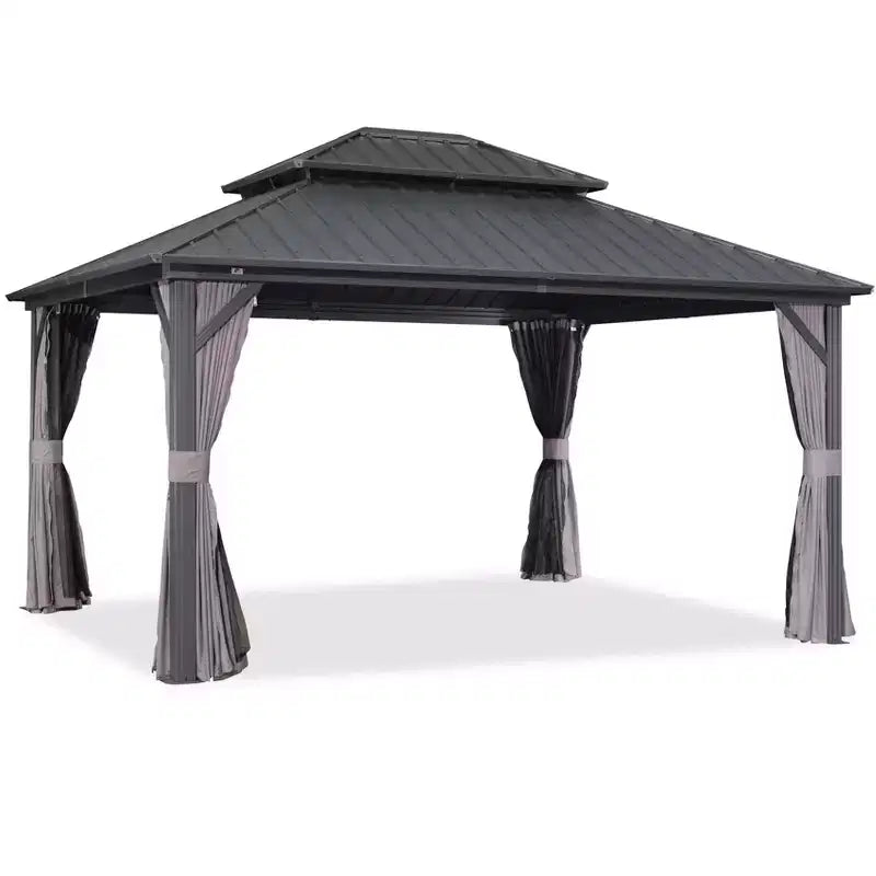 Gazébo Permanent à Toit Rigide - Cadre en Aluminium avec Double Toit en Acier Galvanisé, Moustiquaire et Rideaux Inclus - Gris