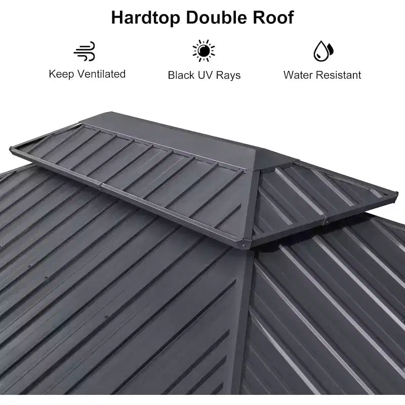 Gazébo Permanent à Toit Rigide - Cadre en Aluminium avec Double Toit en Acier Galvanisé, Moustiquaire et Rideaux Inclus - Gris