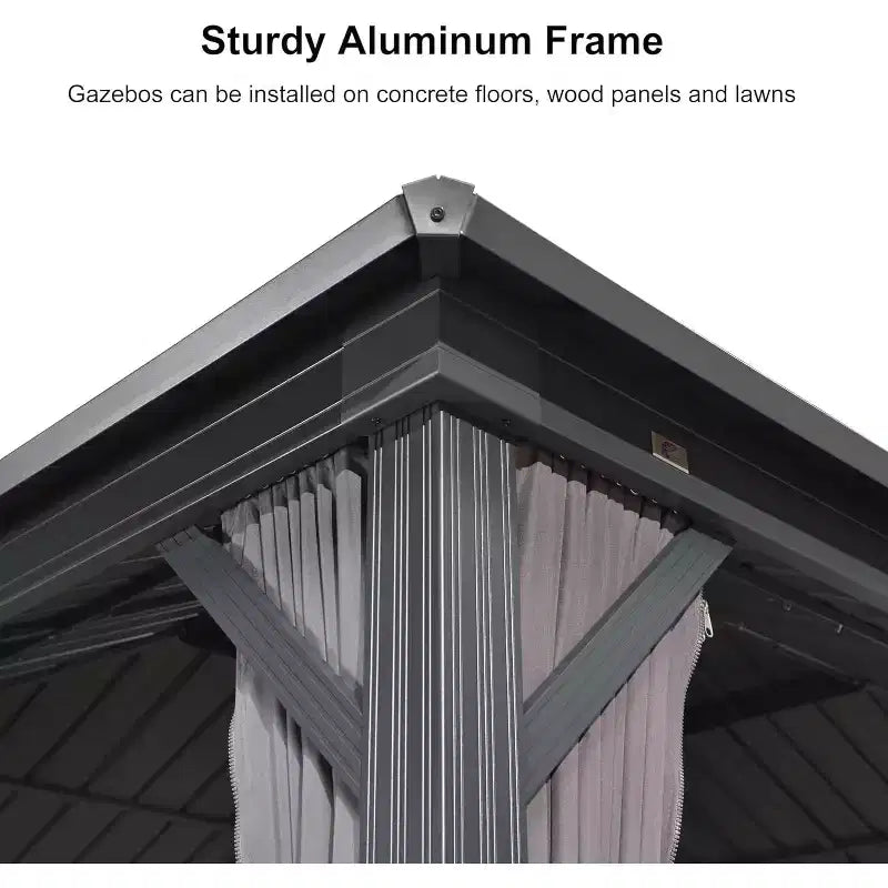 Gazébo Permanent à Toit Rigide - Cadre en Aluminium avec Double Toit en Acier Galvanisé, Moustiquaire et Rideaux Inclus - Gris