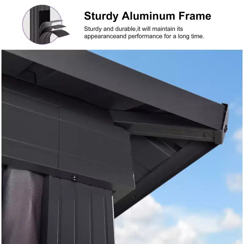Gazébo Permanent à Toit Rigide - Cadre en Aluminium avec Double Toit en Acier Galvanisé, Moustiquaire et Rideaux Inclus - Gris