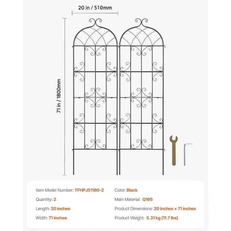 Trellis de jardin pour plantes grimpantes, 180 x 50 cm, lot de 2 treillis de jardin métalliques antirouille pour fleurs, treillis extérieur pour rosiers grimpants et concombres
