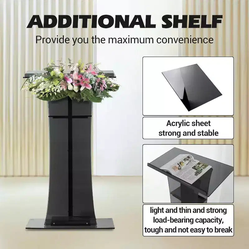 47in Tall Floor-Standing Acrylic Podium with Storage Compartments, Easy to Move, Suitable for Offices, Conference Rooms, Schools, Churches, Black
