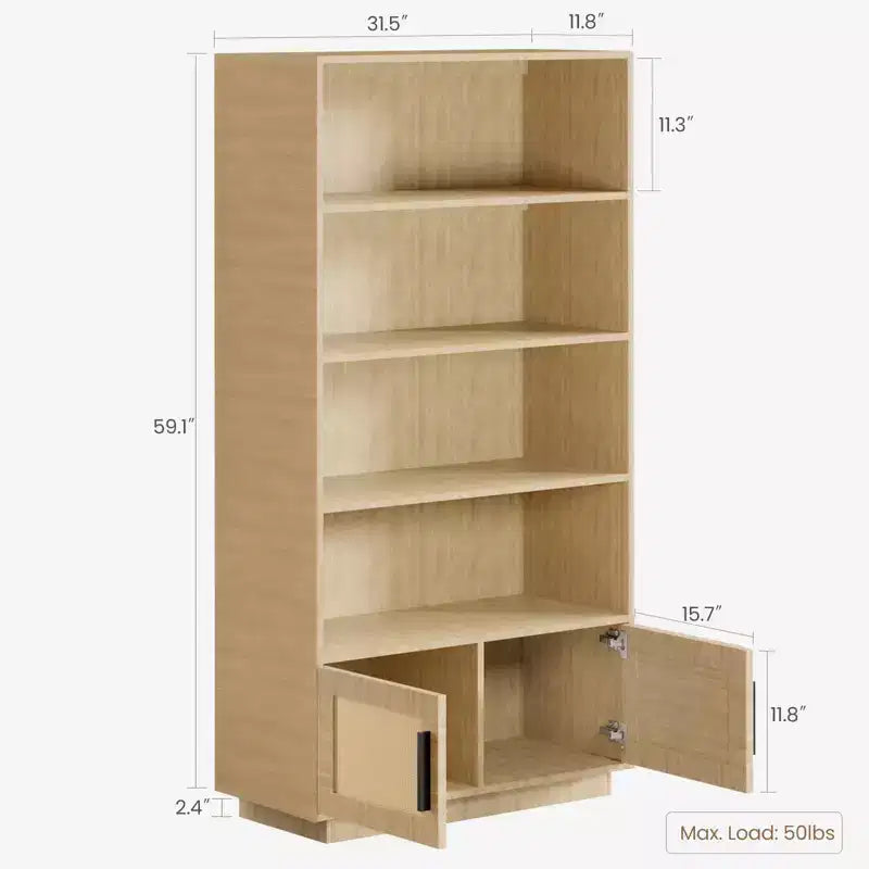 CuisinSmart 5 Tier Rattan Bookshelf with Storage Cabinet & Door, Tall Industrial Book Shelf with Open Shelves for Living Room Bedroom