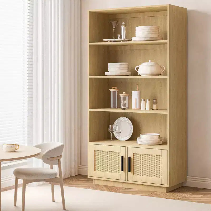 CuisinSmart 5 Tier Rattan Bookshelf with Storage Cabinet & Door, Tall Industrial Book Shelf with Open Shelves for Living Room Bedroom