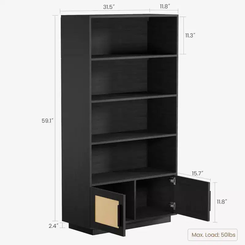 CuisinSmart 5 Tier Rattan Bookshelf with Storage Cabinet & Door, Tall Industrial Book Shelf with Open Shelves for Living Room Bedroom