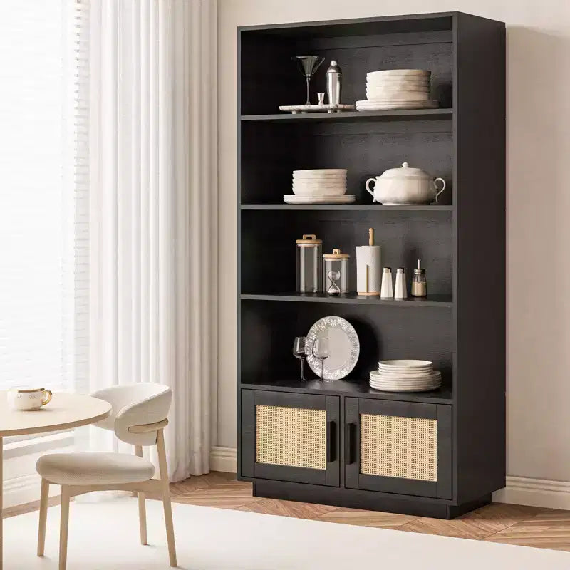 CuisinSmart 5 Tier Rattan Bookshelf with Storage Cabinet & Door, Tall Industrial Book Shelf with Open Shelves for Living Room Bedroom