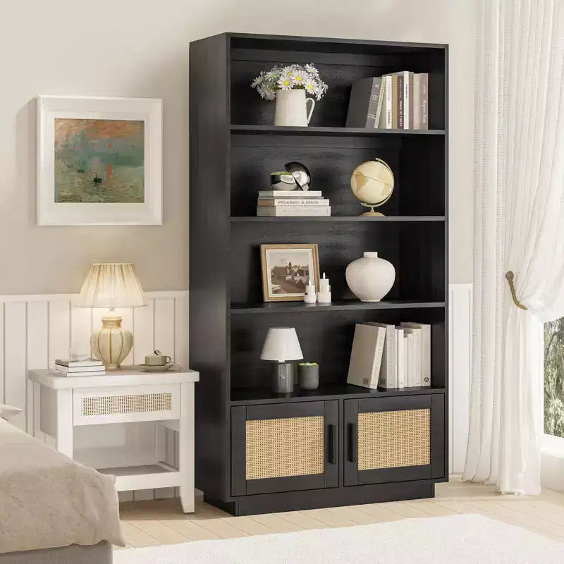 CuisinSmart 5 Tier Rattan Bookshelf with Storage Cabinet & Door, Tall Industrial Book Shelf with Open Shelves for Living Room Bedroom