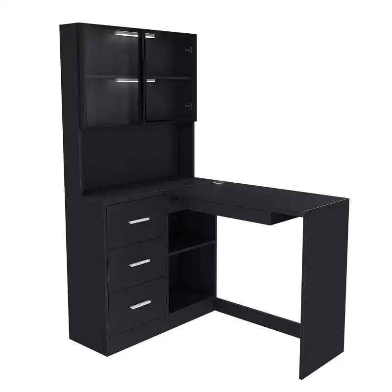 Homy Casa L-Shaped Desk with Glass Door Hutch and Storage Drawers for Small Space, Home Office, Holiday Gift, Black