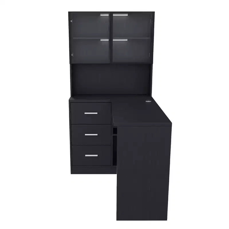 Homy Casa L-Shaped Desk with Glass Door Hutch and Storage Drawers for Small Space, Home Office, Holiday Gift, Black