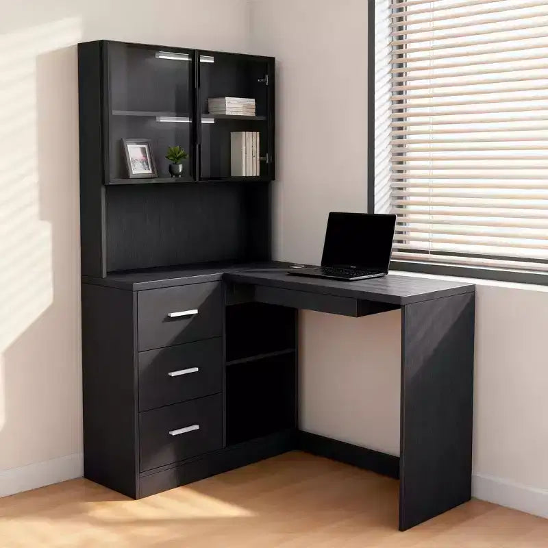 Homy Casa L-Shaped Desk with Glass Door Hutch and Storage Drawers for Small Space, Home Office, Holiday Gift, Black