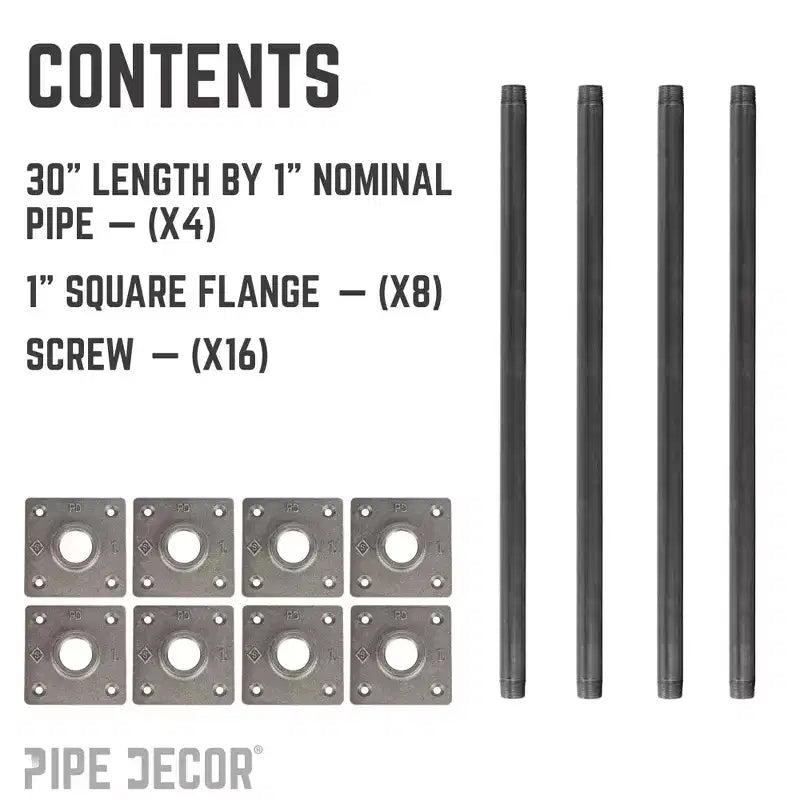 Pipe Decor 1 in. x 30 in. Square Flange Pipe Table Legs - 4 Pack