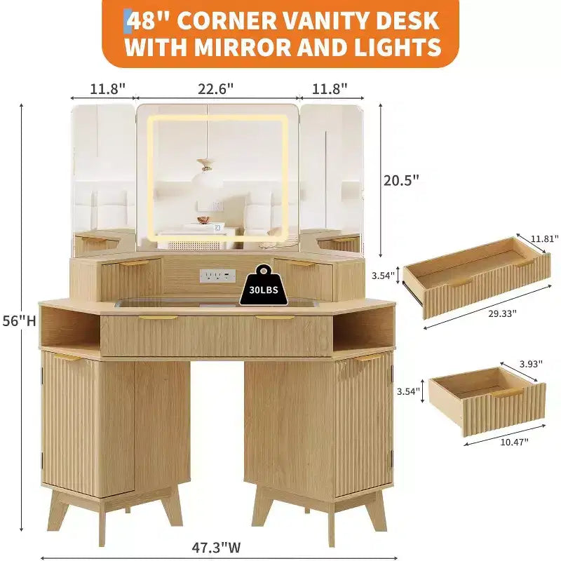48 Inch Fluted Makeup Vanity Desk with Mirror and Lights, Charging Outlet & 3-Panel Lighted Mirror, Dressing Table for Bedroom