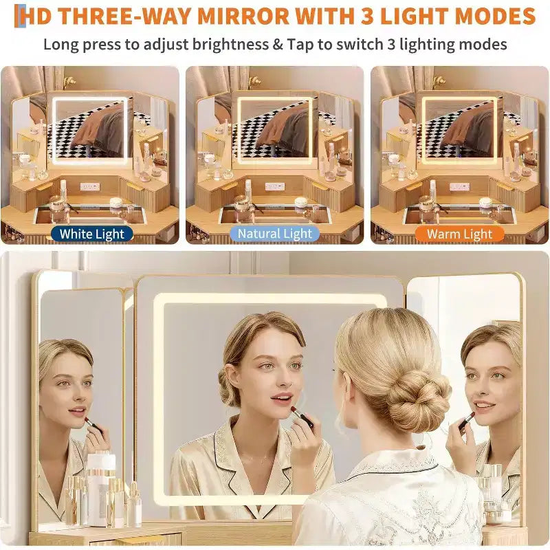 48 Inch Fluted Makeup Vanity Desk with Mirror and Lights, Charging Outlet & 3-Panel Lighted Mirror, Dressing Table for Bedroom