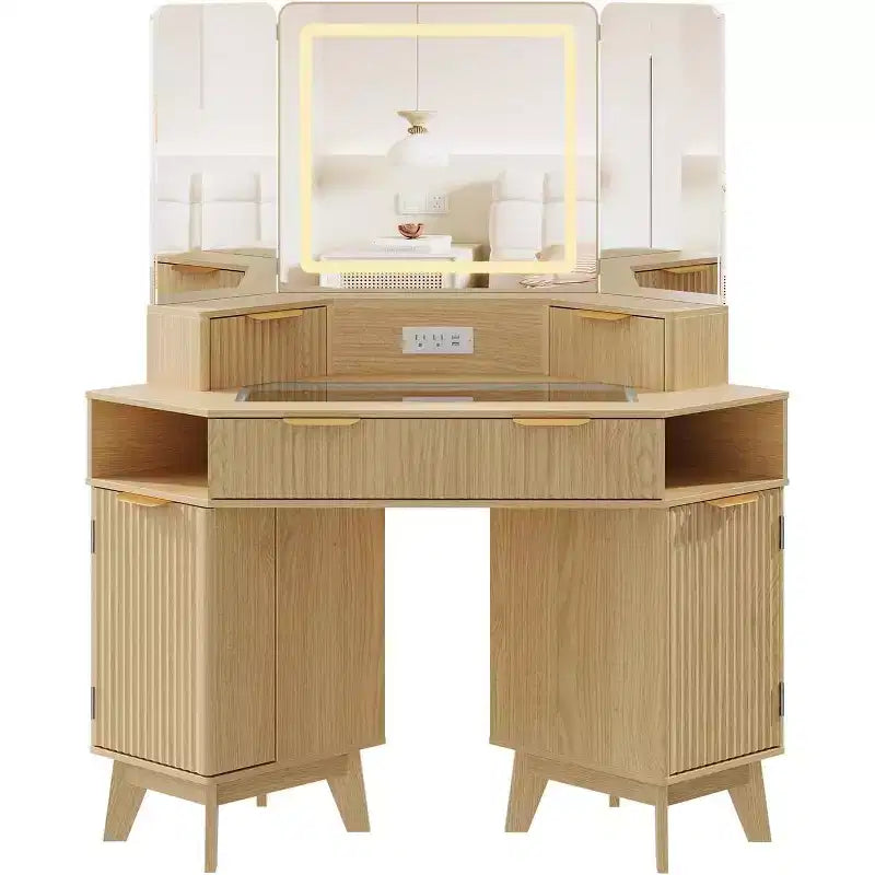48 Inch Fluted Makeup Vanity Desk with Mirror and Lights, Charging Outlet & 3-Panel Lighted Mirror, Dressing Table for Bedroom