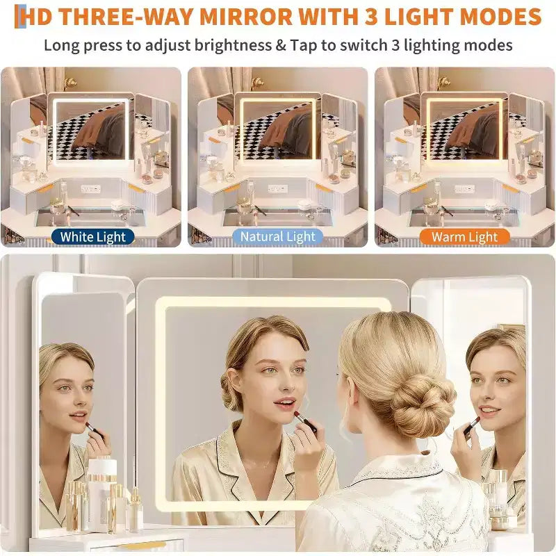 48 Inch Fluted Makeup Vanity Desk with Mirror and Lights, Charging Outlet & 3-Panel Lighted Mirror, Dressing Table for Bedroom