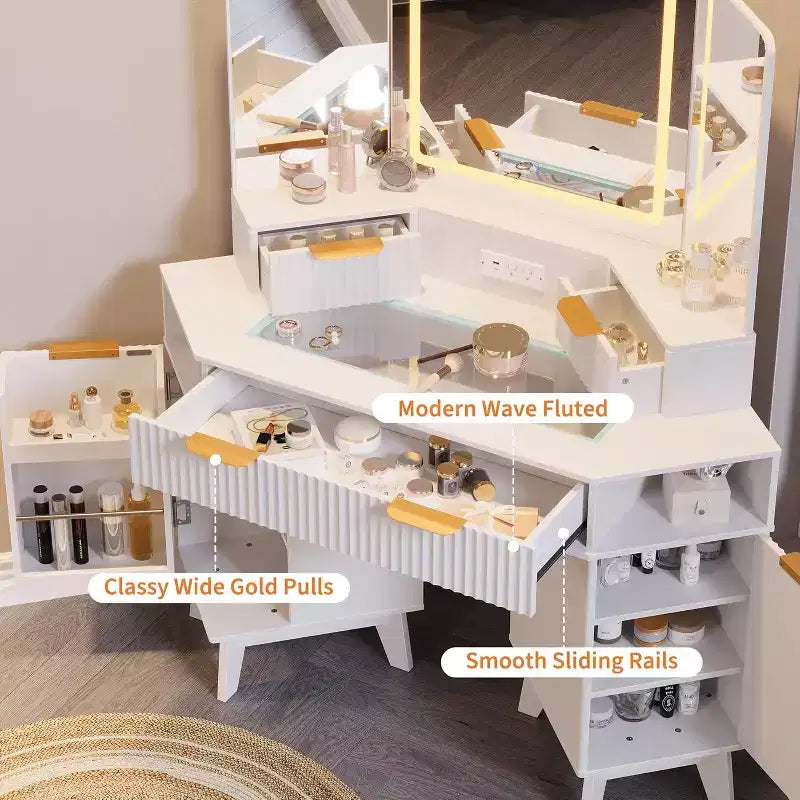 48 Inch Fluted Makeup Vanity Desk with Mirror and Lights, Charging Outlet & 3-Panel Lighted Mirror, Dressing Table for Bedroom