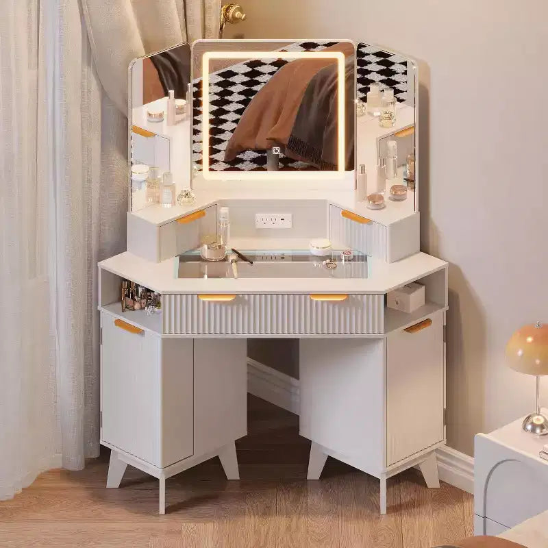 48 Inch Fluted Makeup Vanity Desk with Mirror and Lights, Charging Outlet & 3-Panel Lighted Mirror, Dressing Table for Bedroom
