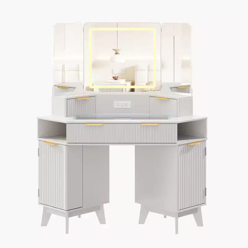 48 Inch Fluted Makeup Vanity Desk with Mirror and Lights, Charging Outlet & 3-Panel Lighted Mirror, Dressing Table for Bedroom