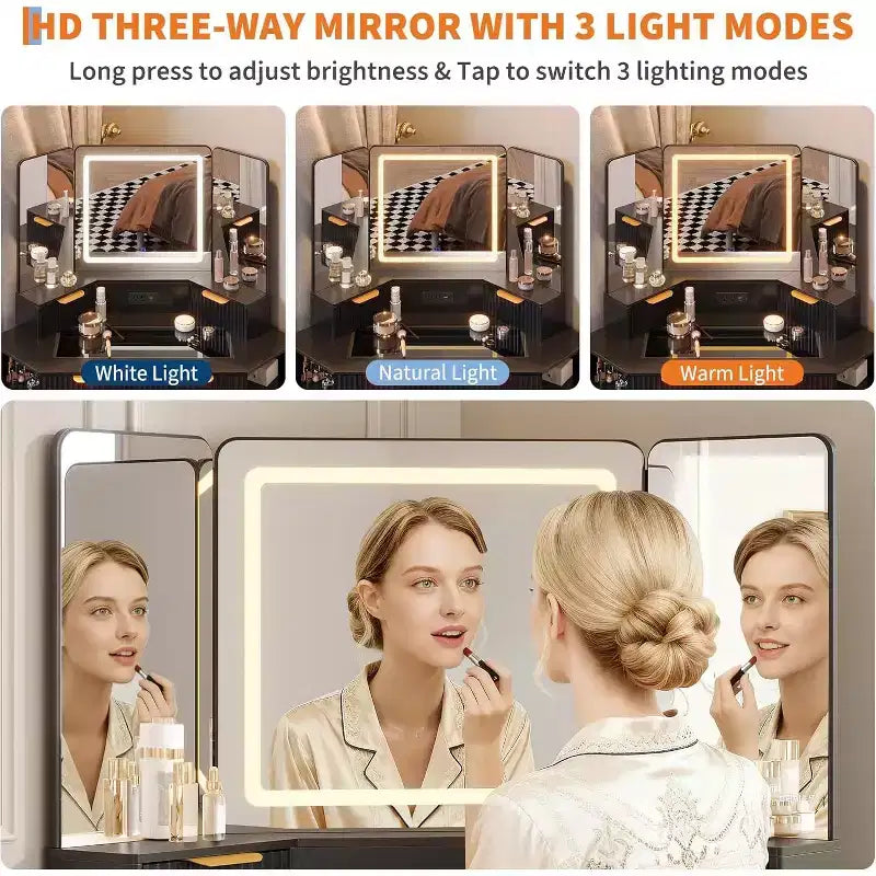 48 Inch Fluted Makeup Vanity Desk with Mirror and Lights, Charging Outlet & 3-Panel Lighted Mirror, Dressing Table for Bedroom