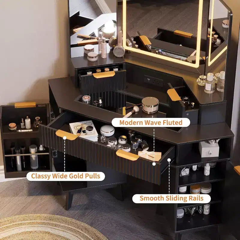 48 Inch Fluted Makeup Vanity Desk with Mirror and Lights, Charging Outlet & 3-Panel Lighted Mirror, Dressing Table for Bedroom
