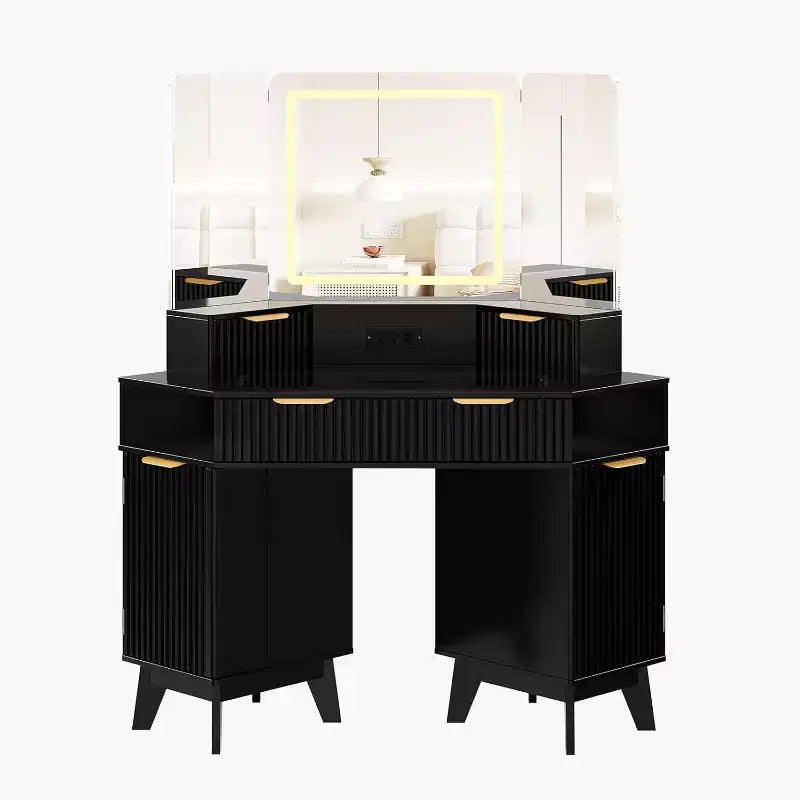 48 Inch Fluted Makeup Vanity Desk with Mirror and Lights, Charging Outlet & 3-Panel Lighted Mirror, Dressing Table for Bedroom