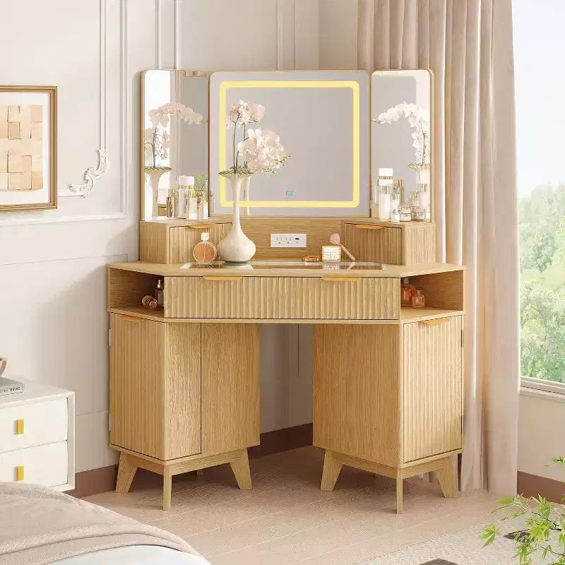 48 Inch Fluted Makeup Vanity Desk with Mirror and Lights, Charging Outlet & 3-Panel Lighted Mirror, Dressing Table for Bedroom