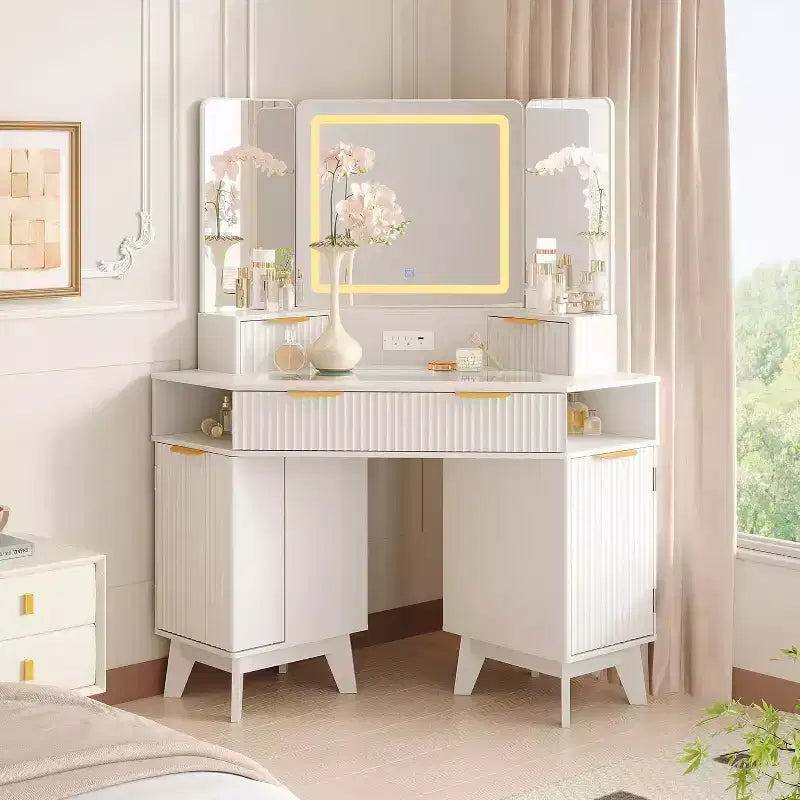 48 Inch Fluted Makeup Vanity Desk with Mirror and Lights, Charging Outlet & 3-Panel Lighted Mirror, Dressing Table for Bedroom