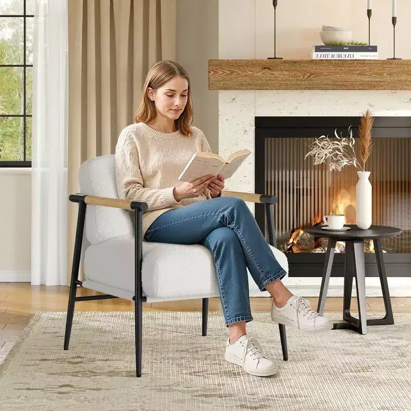 Modern Accent Chair, Cozy Reading Chair Upholstered in Plush 420g Fabric, with Spring Foam Cushion, for Bedroom and Living Room, White