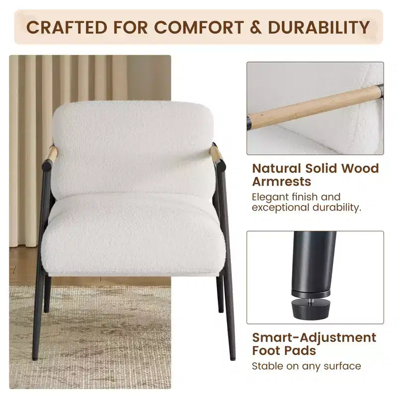 Modern Accent Chair, Cozy Reading Chair Upholstered in Plush 420g Fabric, with Spring Foam Cushion, for Bedroom and Living Room, White