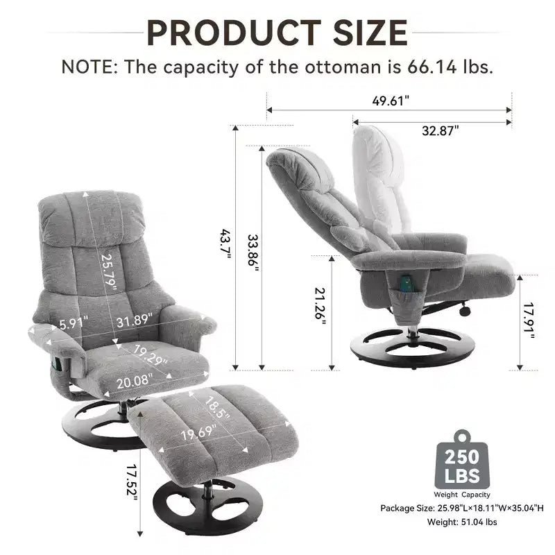 Okak Modern Chenille Adjustable Recliner Swivel Lounge Chair with Ottoman Footstool,Leisure Accent Chair for Living Rooms,Relaxation Areas