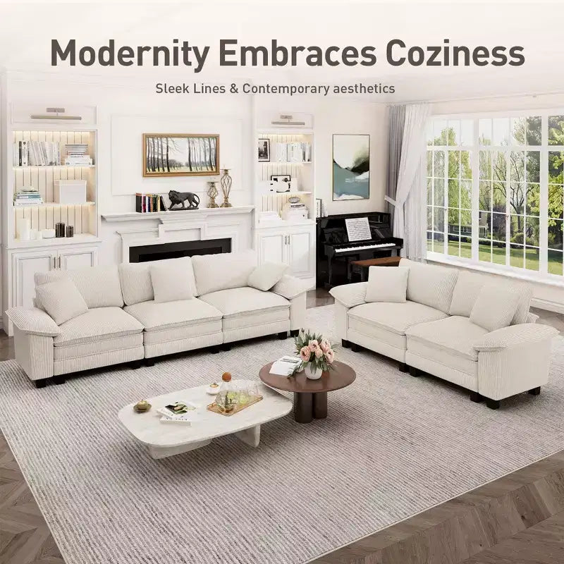 Captiva Designs 124-Inch Cloud Modular 4PC L-Shaped Sectional Sofa, Comfy Couch with Movable Ottoman and Plush Cushions, Corduroy & Chenille