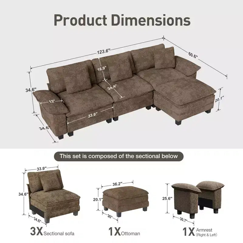 Captiva Designs 124-Inch Cloud Modular 4PC L-Shaped Sectional Sofa, Comfy Couch with Movable Ottoman and Plush Cushions, Corduroy & Chenille