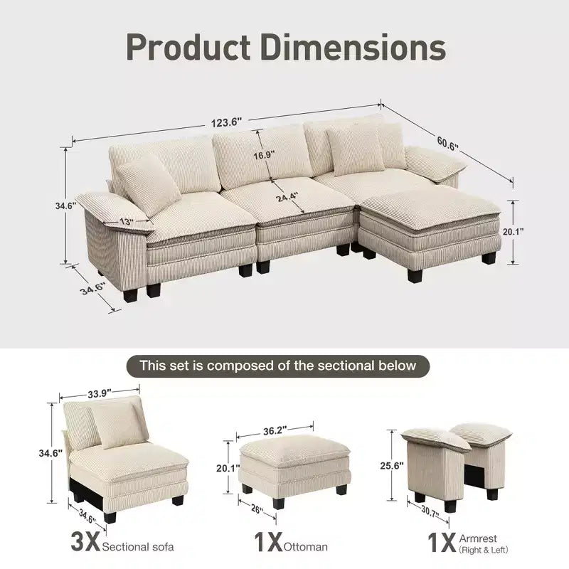 Captiva Designs 124-Inch Cloud Modular 4PC L-Shaped Sectional Sofa, Comfy Couch with Movable Ottoman and Plush Cushions, Corduroy & Chenille