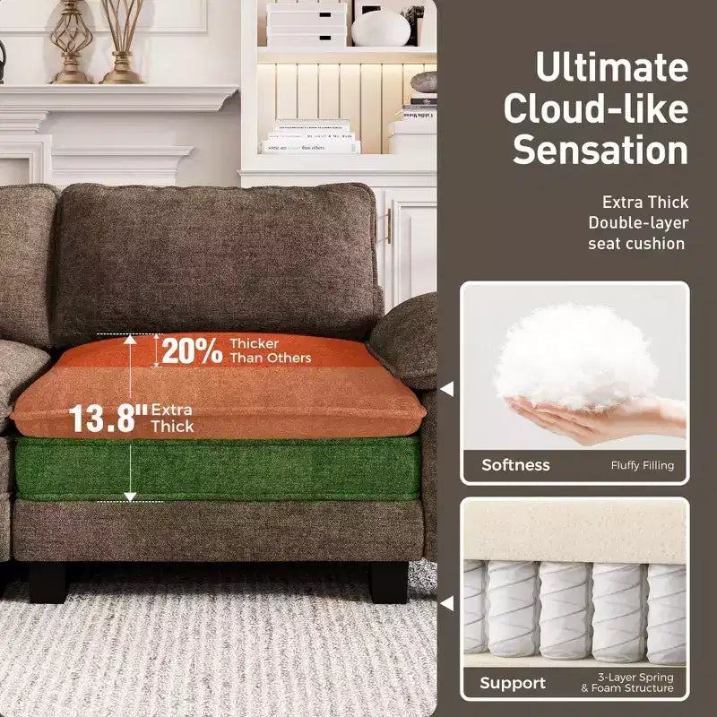 Captiva Designs 124-Inch Cloud Modular 4PC L-Shaped Sectional Sofa, Comfy Couch with Movable Ottoman and Plush Cushions, Corduroy & Chenille