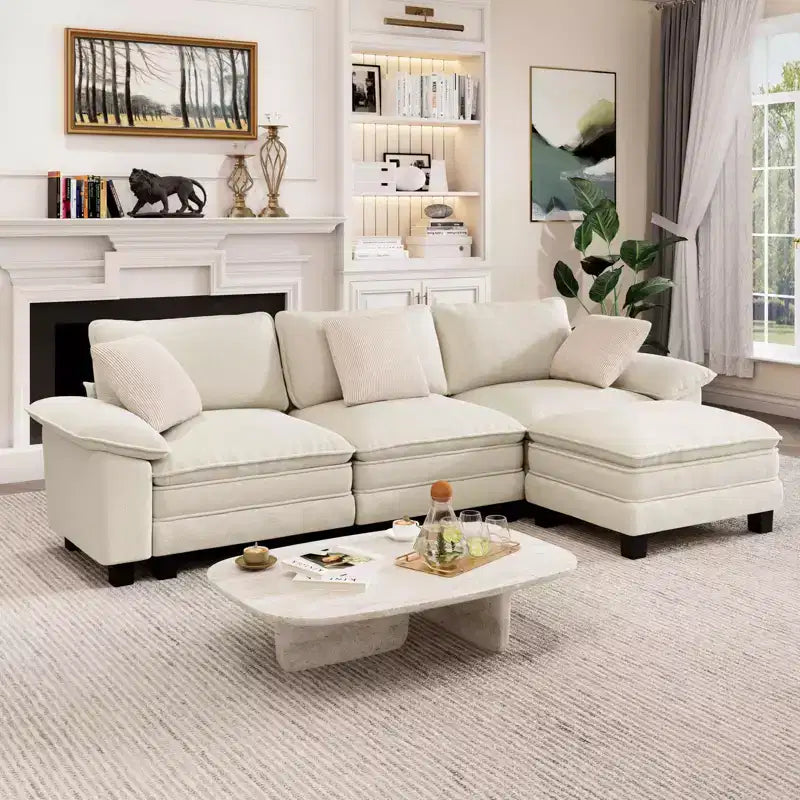 Captiva Designs 124-Inch Cloud Modular 4PC L-Shaped Sectional Sofa, Comfy Couch with Movable Ottoman and Plush Cushions, Corduroy & Chenille