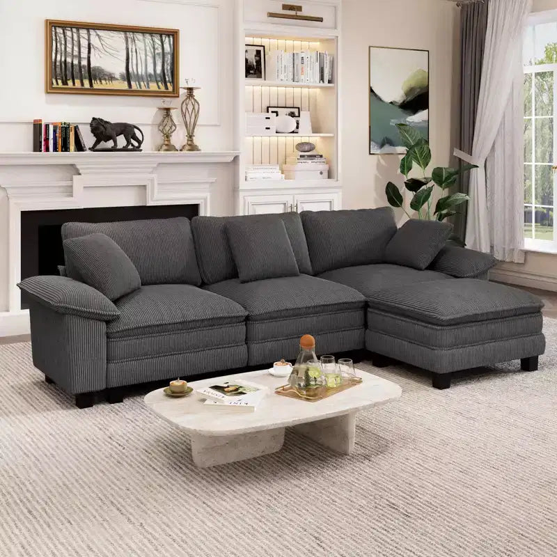 Captiva Designs 124-Inch Cloud Modular 4PC L-Shaped Sectional Sofa, Comfy Couch with Movable Ottoman and Plush Cushions, Corduroy & Chenille